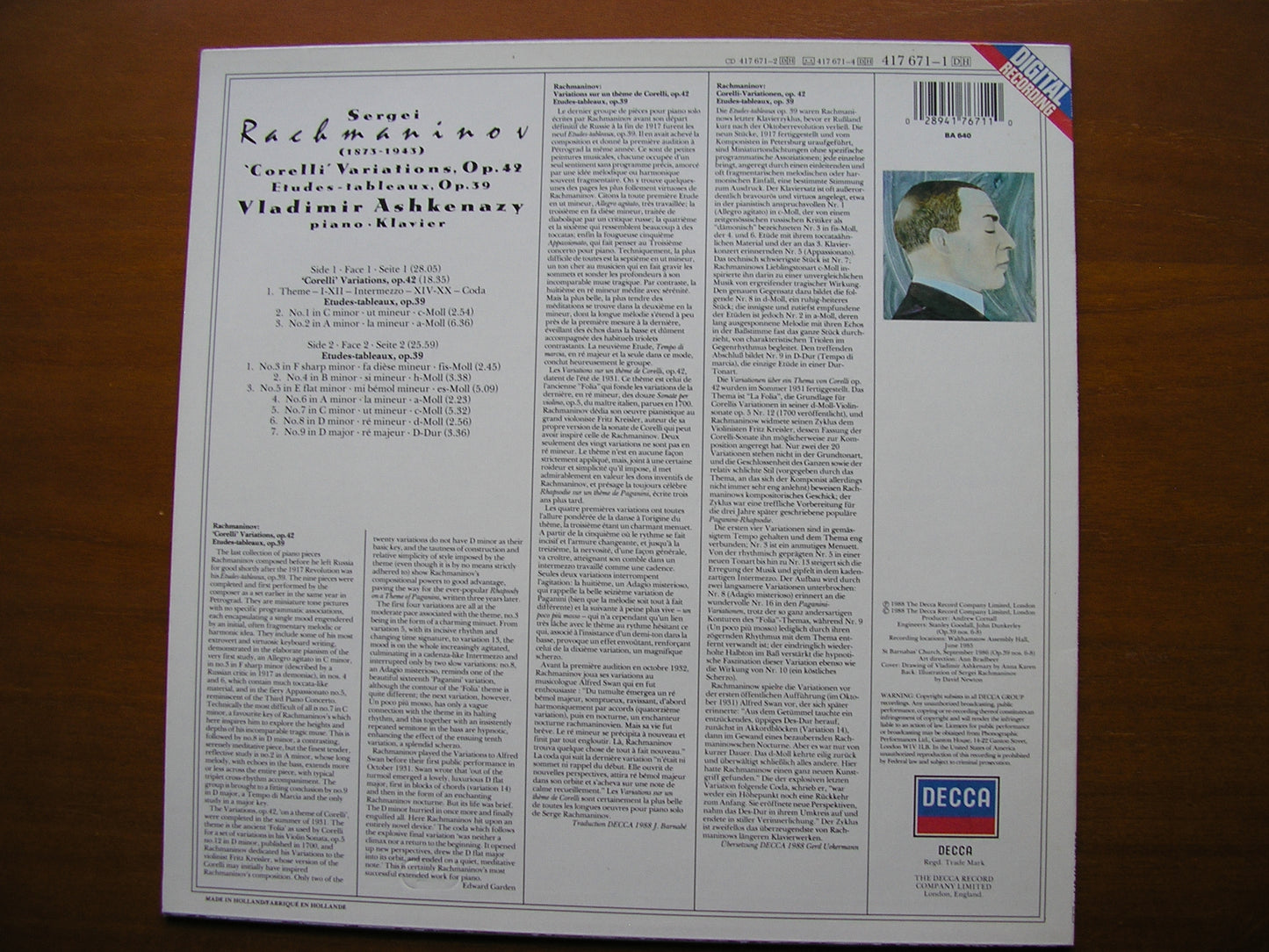RACHMANINOV: ETUDES TABLEAUX Op. 39 / CORELLI VARIATIONS VLADIMIR ASHKENAZY 417 671