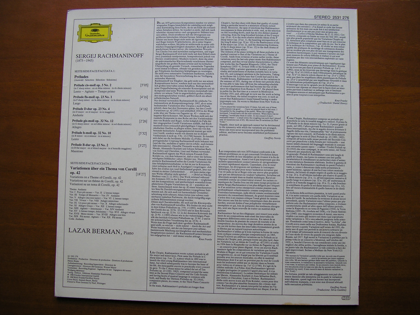 RACHMANINOV: CORELLI VARIATIONS / PRELUDES LAZAR BERMAN 2531 276