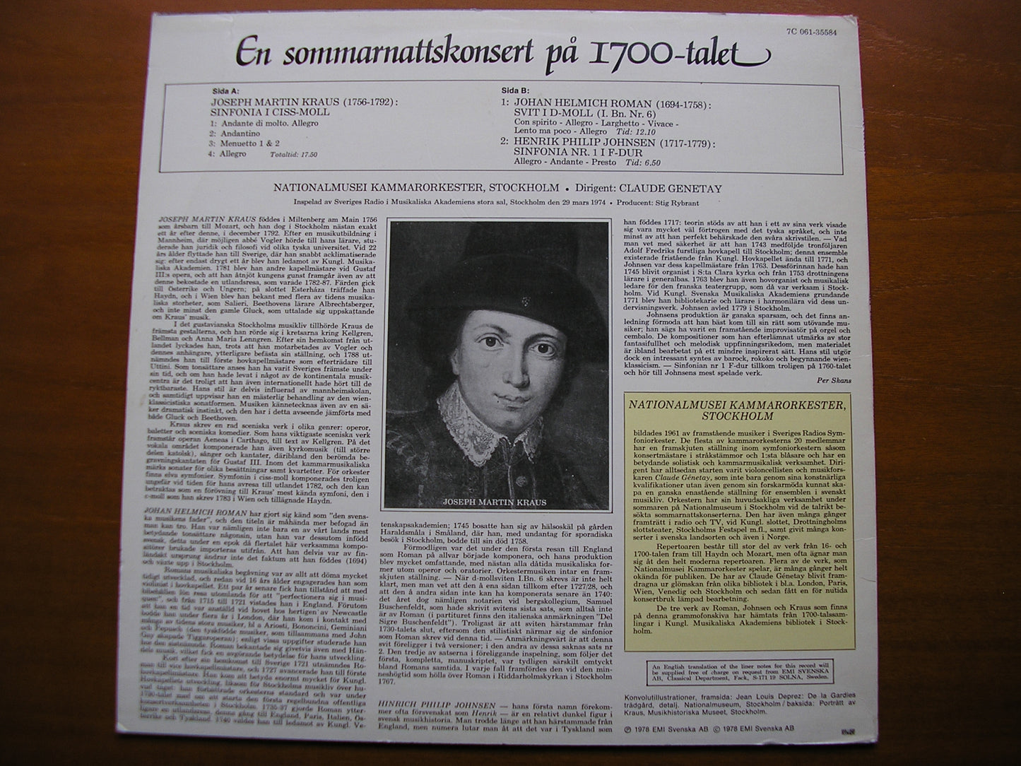 ROMAN / KRAUS / JOHNSEN: ORCHESTRAL MUSIC STOCKHOLM CHAMBER ORCHESTRA / GENETAY 061 - 35584