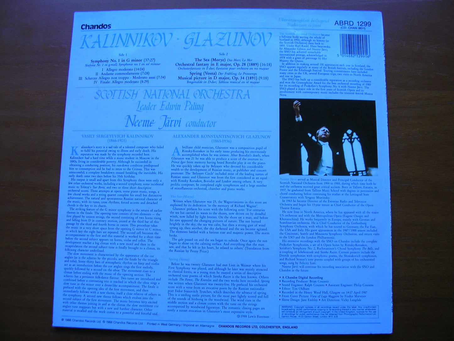 KALINNIKOV: SYMPHONY No. 1 / GLAZUNOV: THE SEA / SPRING NEEME JARVI / SCOTTISH NATIONAL ORCHESTRA ABRD 1299