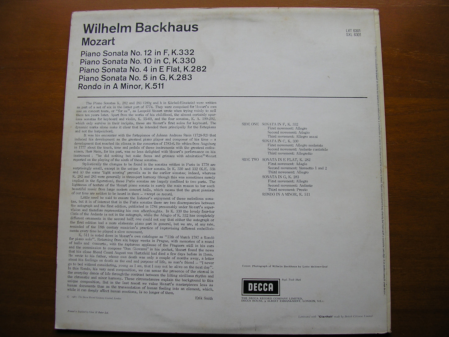 MOZART: PIANO SONATAS K282 / K283 / K330 / K332 / RONDO K511 WILHELM BACKHAUS SXL 6301