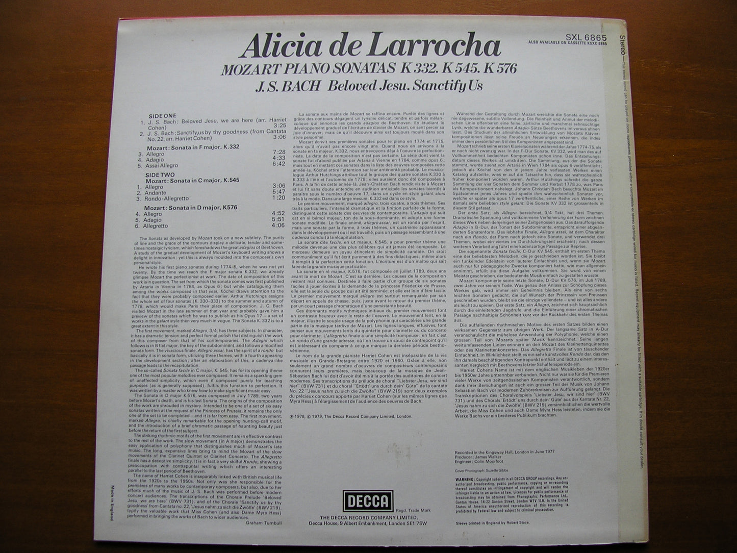 MOZART: PIANO SONATAS K332 / K545 / K576 / BACH: TRANSCRIPTIONS ALICIA DE LARROCHA SXL 6865