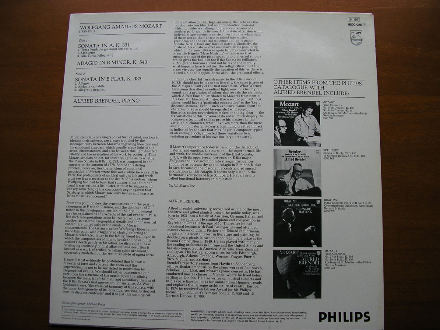 MOZART: PIANO SONATAS K331 in A / K333 in B / ADAGIO K540 ALFRED BRENDEL 9500 025