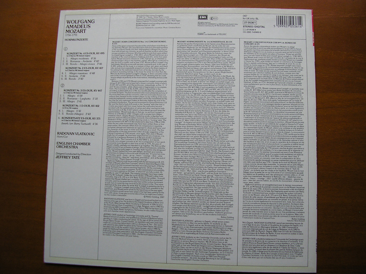 MOZART: HORN CONCERTOS Nos. 1 - 4 VLATKOVIC / ENGLISH CHAMBER ORCHESTRA / TATE 27 0536