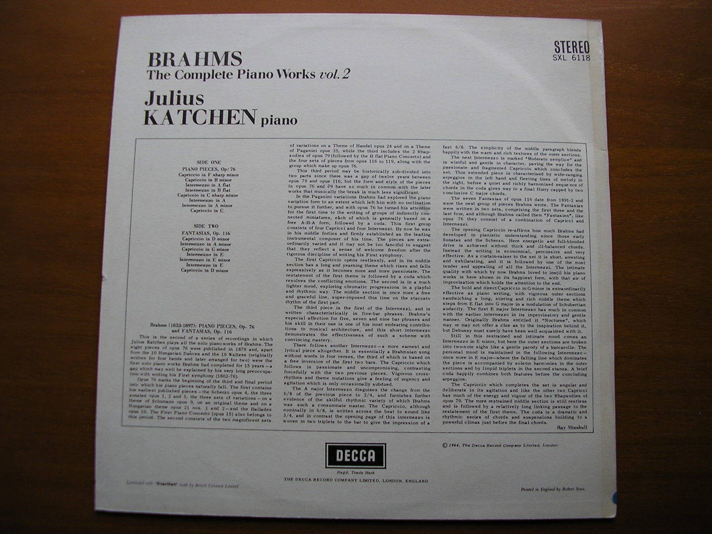 SXL 6118 BRAHMS: COMPLETE PIANO WORKS Volume 2 JULIUS KATCHEN ED1