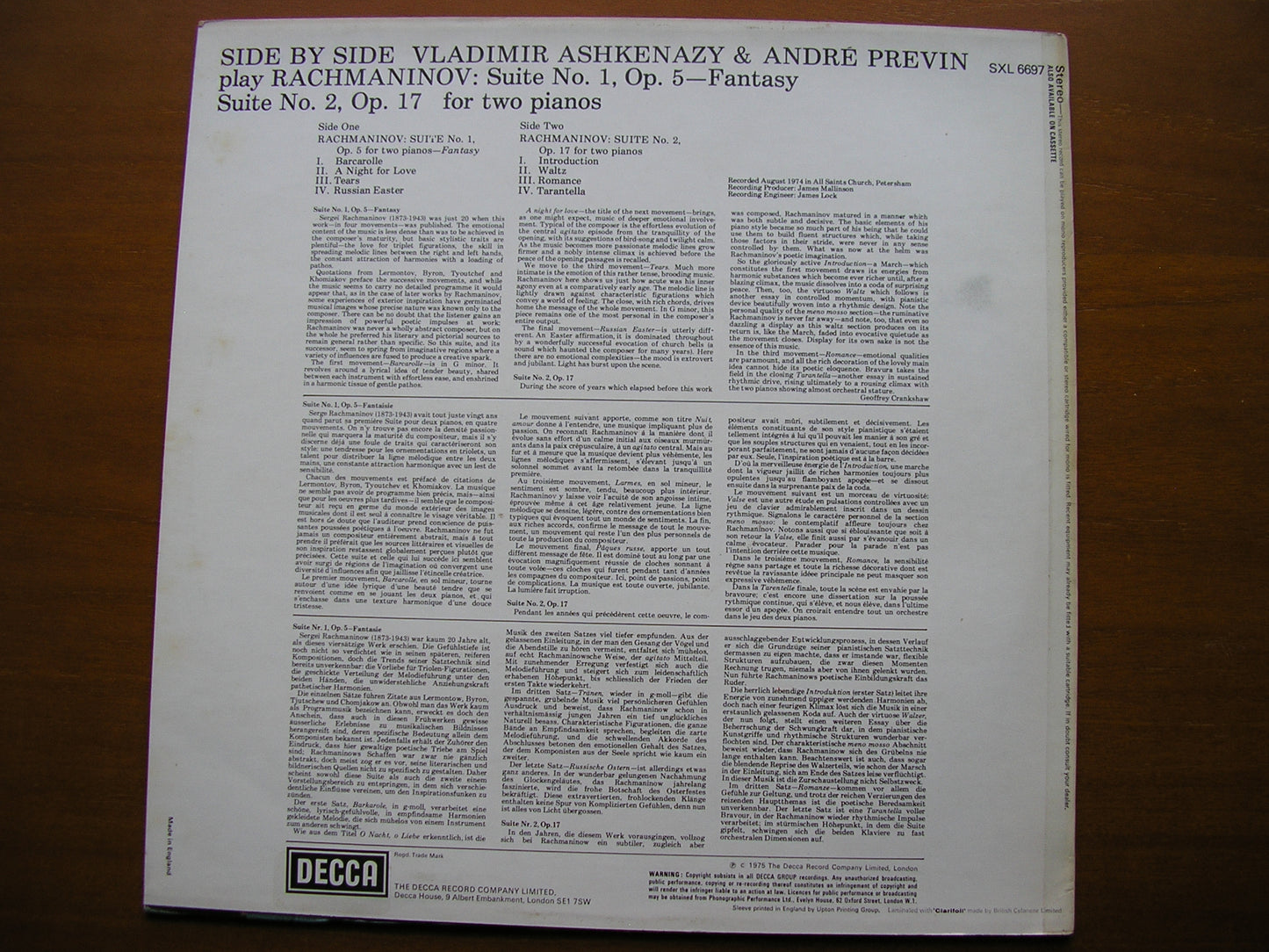 RACHMANINOV: SUITES Nos. 1 & 2 FOR TWO PIANOS VLADIMIR ASHKENAZY / ANDRE PREVIN SXL6697