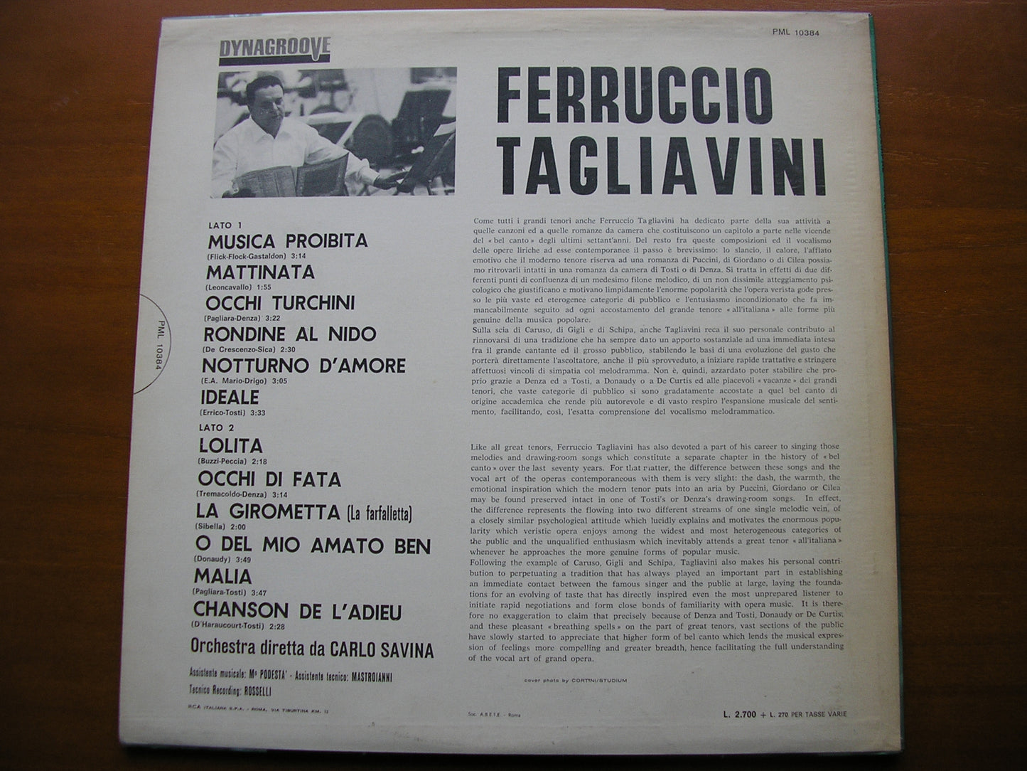 FERRUCCIO TAGLIAVINI SINGS ITALIAN SONGS: TOSTI / DENZA / DONAUDY / GASTALDON PML 10384