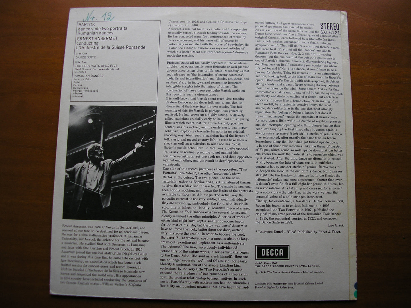 SXL 6121 BARTOK: DANCE SUITE / TWO PORTRAITS / RUMANIAN DANCES ANSERMET / SUISSE ROMANDE ED1 / ED2