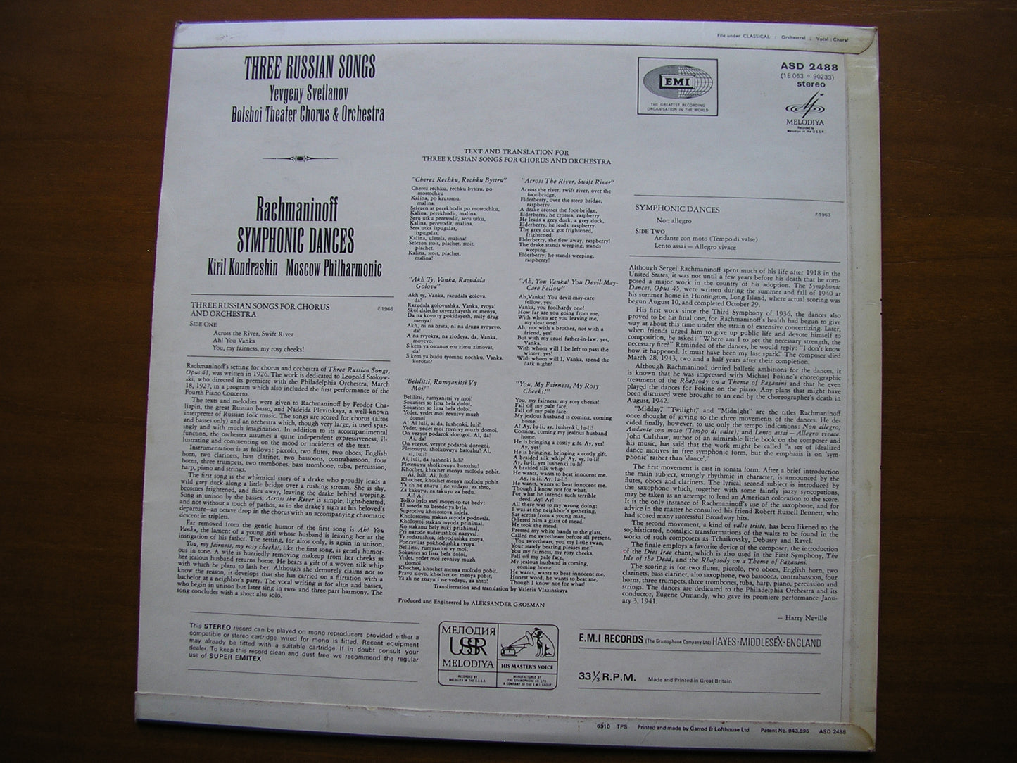 RACHMANINOV: SYMPHONIC DANCES / THREE RUSSIAN SONGS KONDRASHIN / MPO / SVETLANOV / BOLSHOI ASD 2488