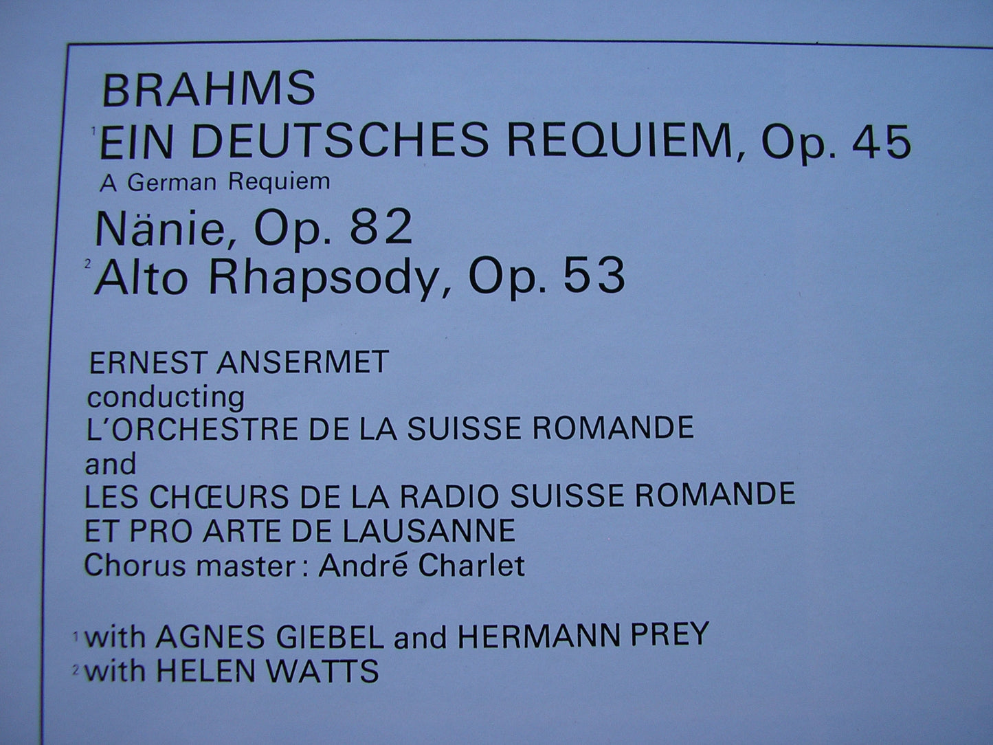 BRAHMS: EIN DEUTSCHES REQUIEM / ALTO RHAPSODY / NANIE SOLOISTS / SUISSE ROMANDE / ANSERMET 2LP SET 333 /4