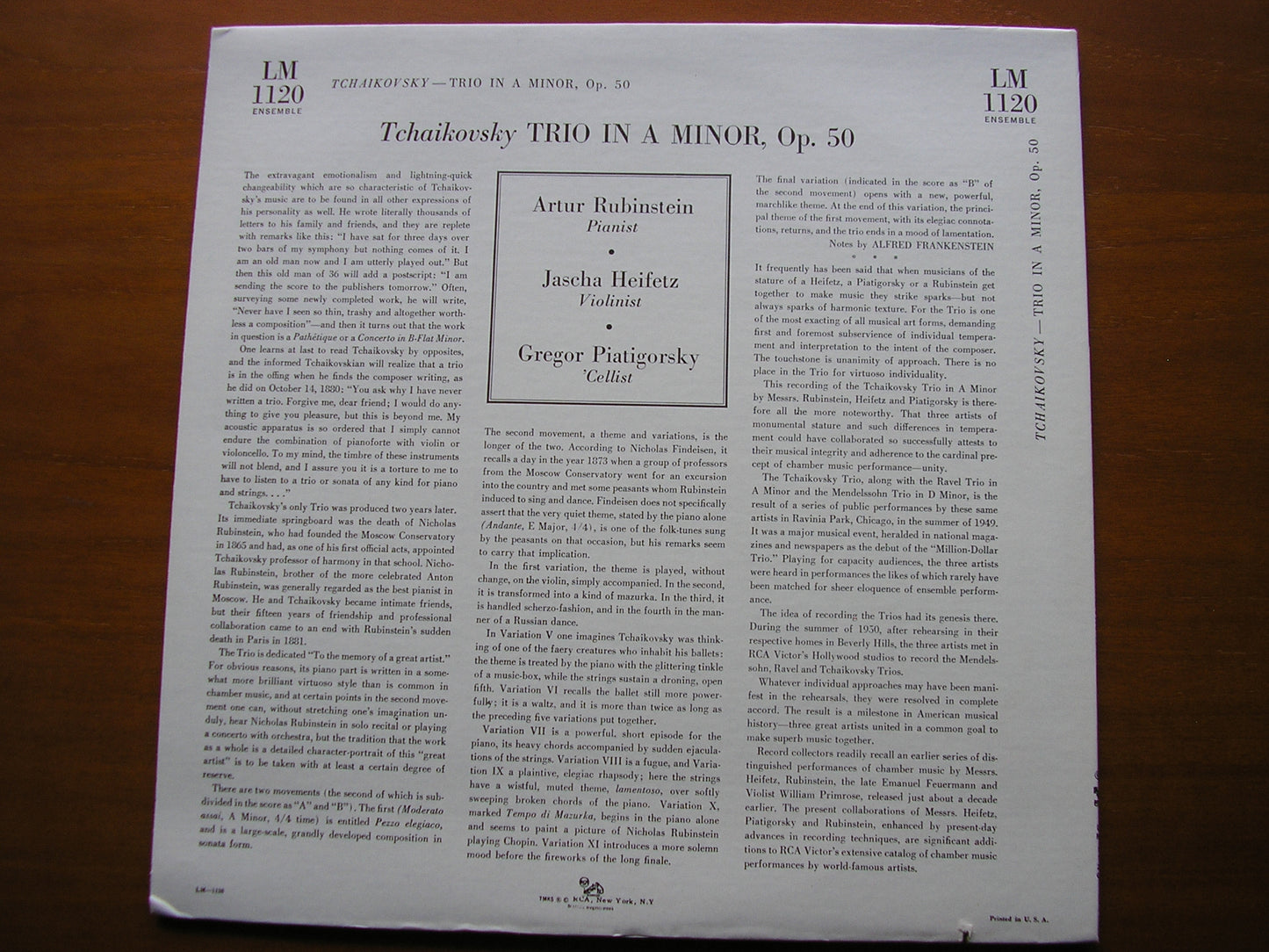 TCHAIKOVSKY: PIANO TRIO Op. 50 RUBINSTEIN / HEIFETZ / PIATIGORSKY LM 1120