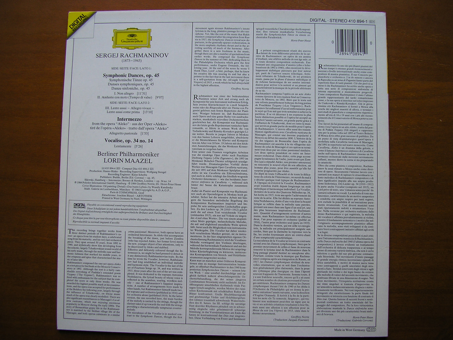 RACHMANINOV: SYMPHONIC DANCES / VOCALISE / INTERMEZZO MAAZEL / BERLIN PHILHARMONIC 410 894