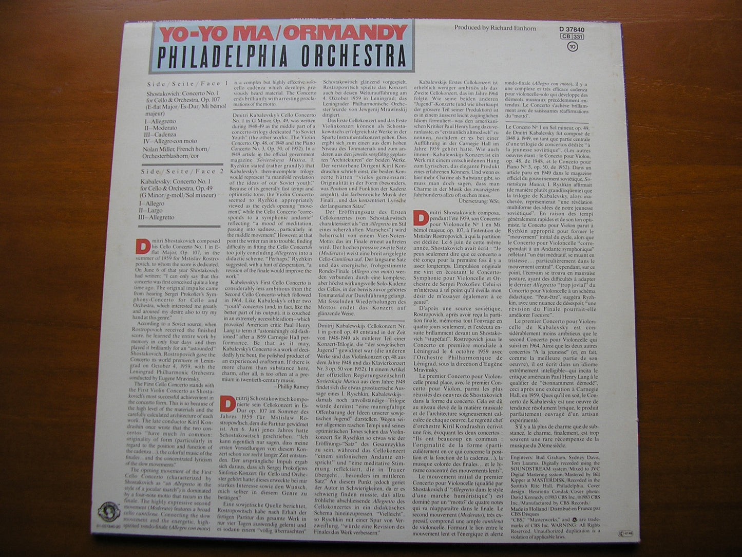 SHOSTAKOVICH & KABALEVSKY: CELLO CONCERTOS YO-YO MA / PHILHADELPHIA ORCHESTRA / ORMANDY D 37840