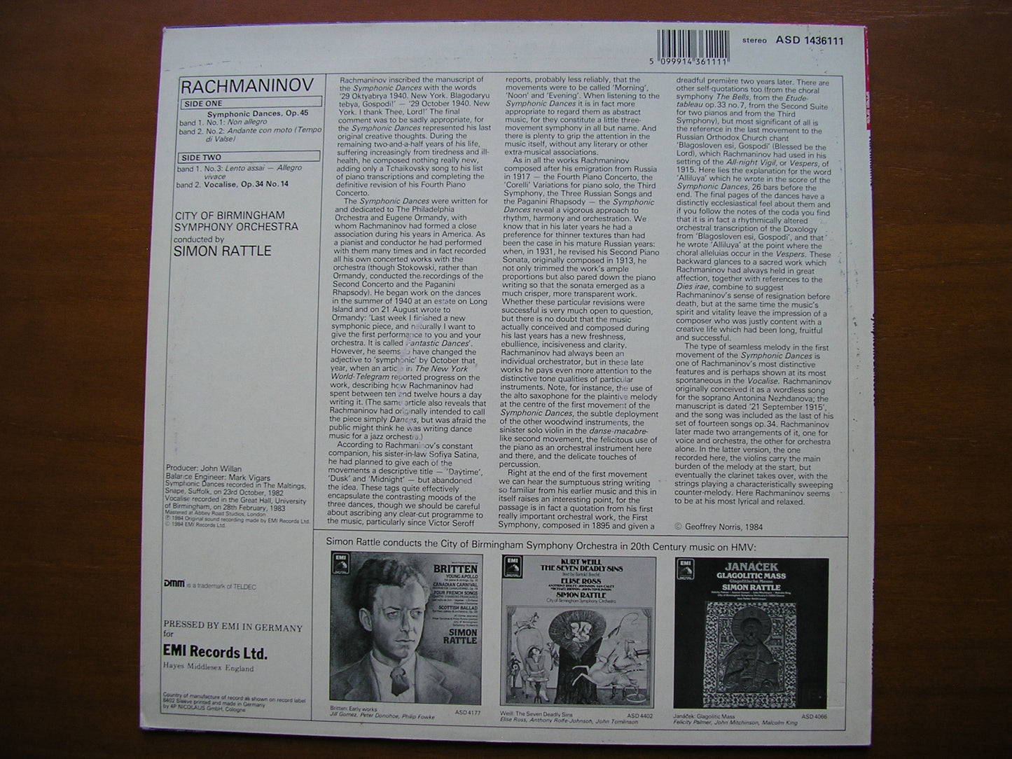 RACHMANINOV: SYMPHONIC DANCES / VOCALISE RATTLE / CITY OF BIRMINGHAM SYMPHONY ASD 1436111