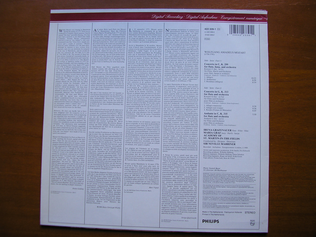 MOZART: FLUTE CONCERTO K313 / CONCERTO FOR FLUTE & HARP / ANDANTE K315 GRAFENAUER / ASMIF / MARRINER 422 339