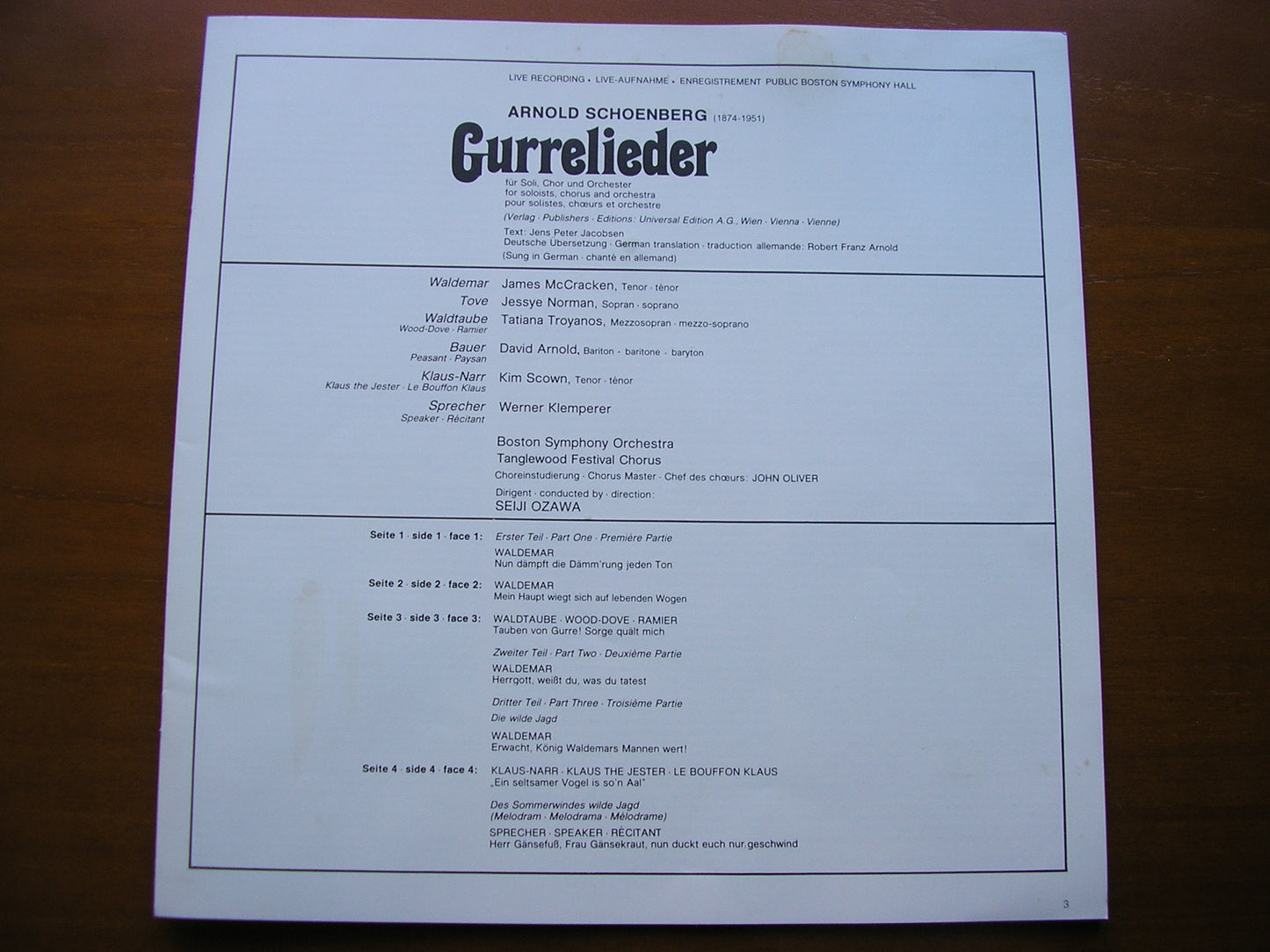 SCHOENBERG: GURRELIEDER      SOLOISTS / BOSTON SYM|PHONY / OZAWA    2LP     6769 038