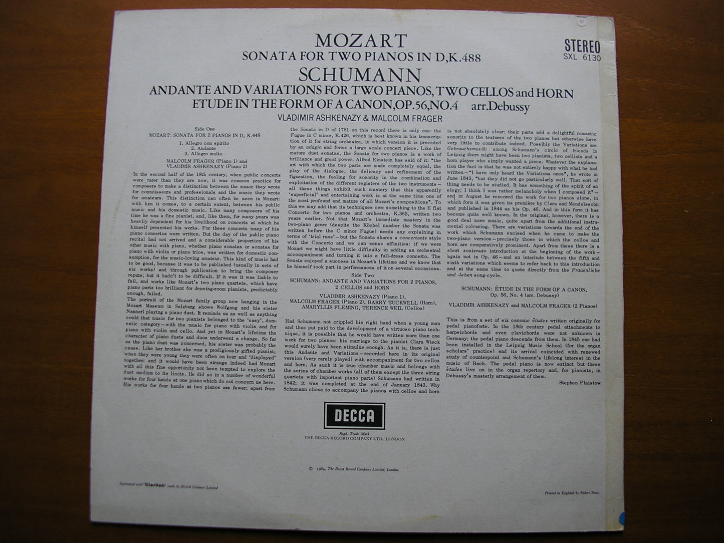 SXL 6130 MOZART: SONATA FOR TWO PIANOS K488 / SCHUMANN: MUSIC FOR TWO PIANOS ASHKENAZY / FRAGER ED1