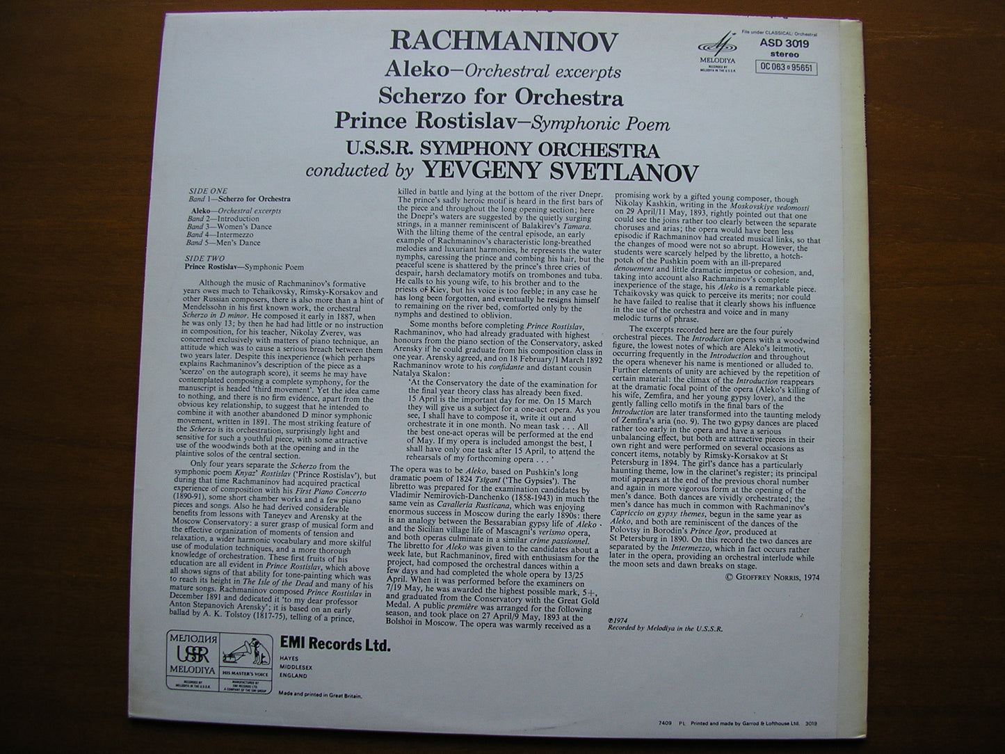 RACHMANINOV: PRINCE ROSTISLAV / SCHERZO / 'ALEKO' SVETLANOV / USSR SYMPHONY ASD 3019