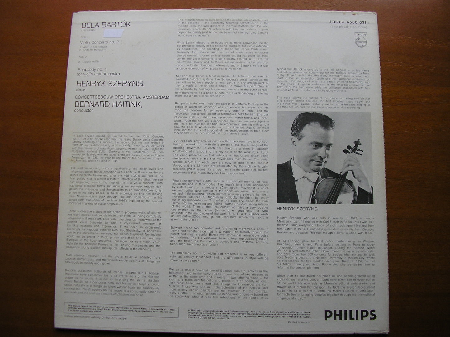 BARTOK: VIOLIN CONCERTO No. 2 / RHAPSODY      SZERYNG / CONCERTGEBOUW ORCHESTRA / HAITINK    6500 021