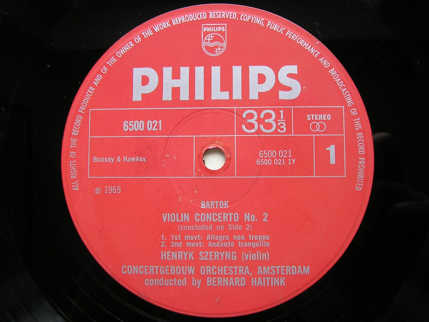 BARTOK: VIOLIN CONCERTO No. 2 / RHAPSODY      SZERYNG / CONCERTGEBOUW ORCHESTRA / HAITINK    6500 021