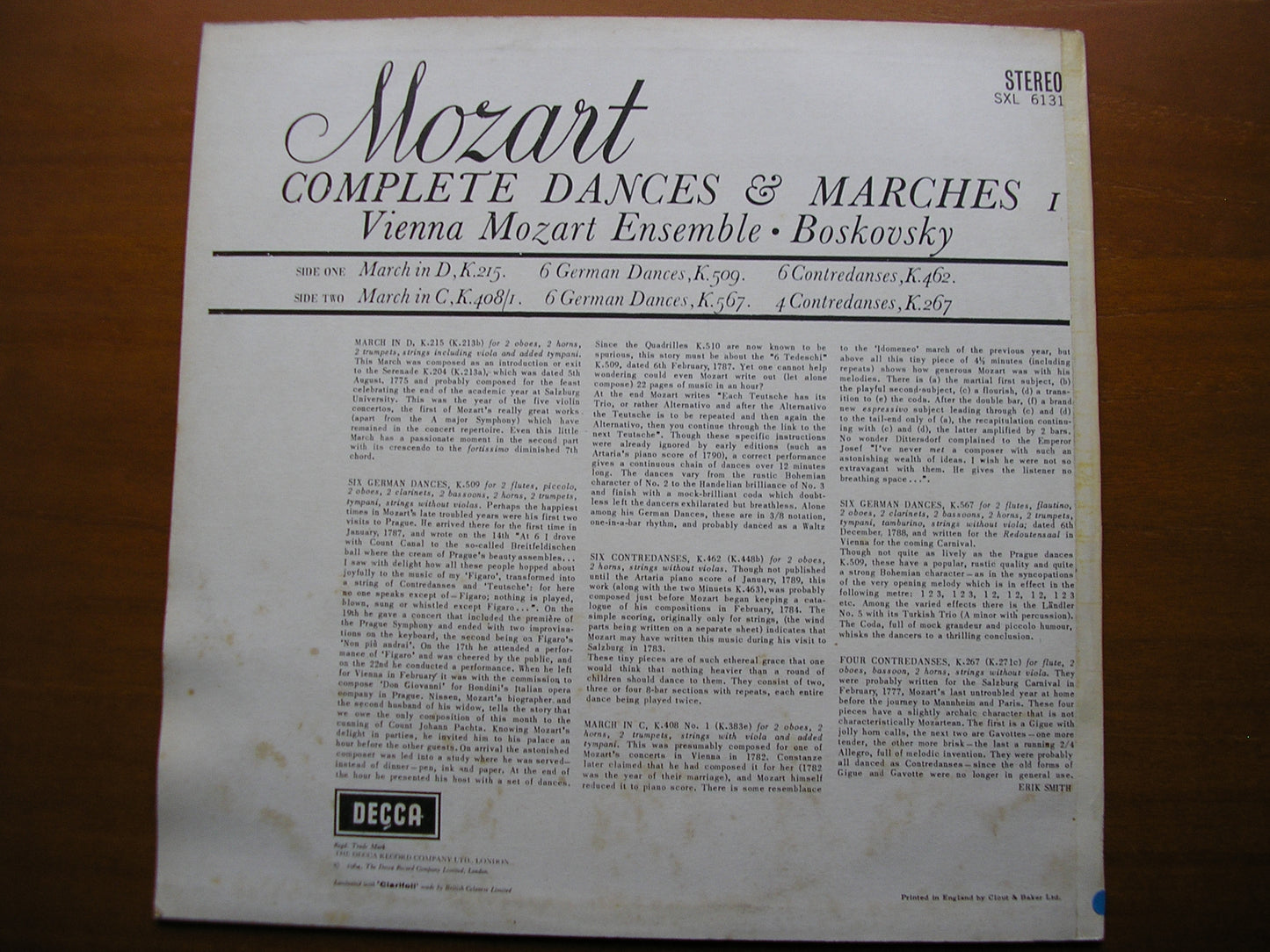 SXL 6131 MOZART: COMPLETE DANCES & MARCHES Volume 1 BOSKOVSKY / VIENNA MOZART ENSEMBLE ED1