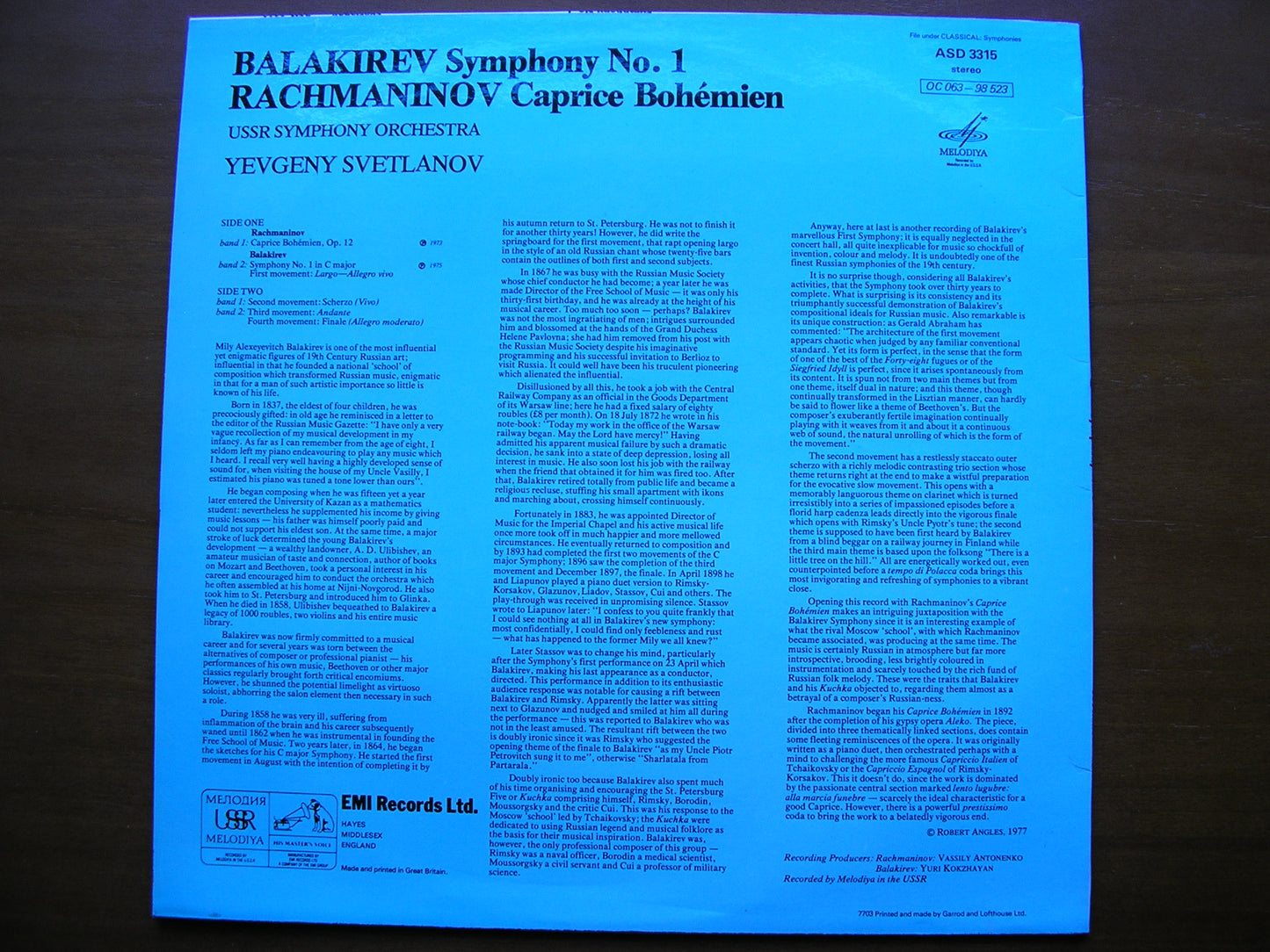 RACHMANINOV: CAPRICE BOHEMIEN / BALAKIREV: SYMPHONY No. 1 SVETLANOV / USSR SYMPHONY ASD 3315