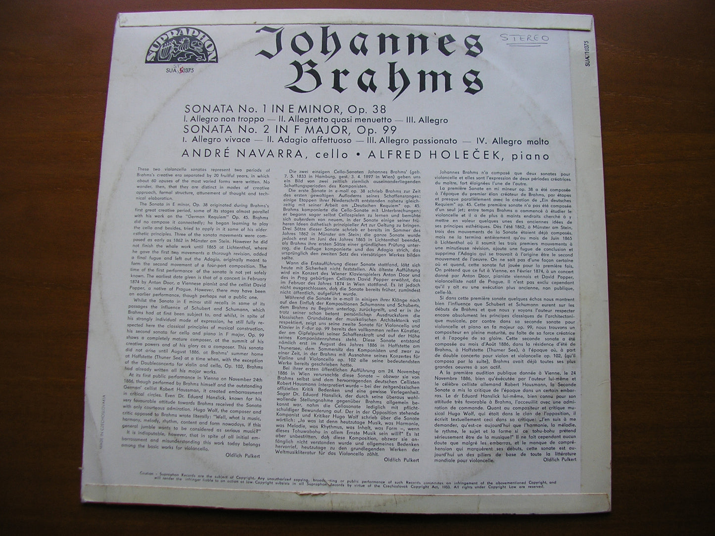 BRAHMS: CELLO SONATAS Nos. 1 & 2 NAVARRA / HOLECEK SUA ST 50375