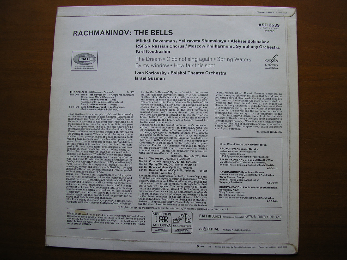 RACHMANINOV: THE BELLS / FIVE SONGS SOLOISTS / KOZLOVSKY / MPO / BOLSHOI ORCHESTRA / KONDRASHIN ASD 2539