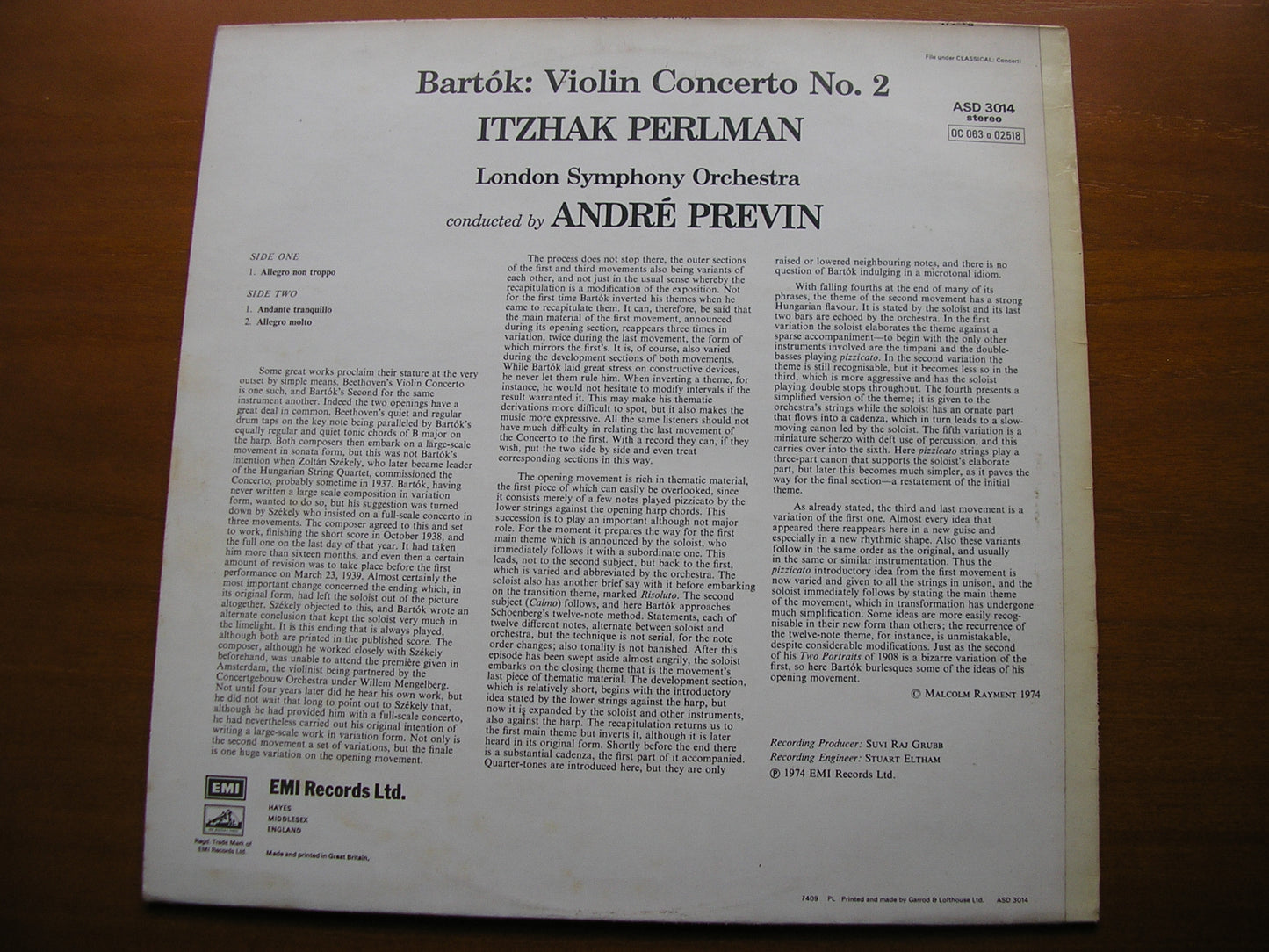 BARTOK: VIOLIN CONCERTO No. 2      PERLMAN / LONDON SYMPHONY / PREVIN     ASD 3014