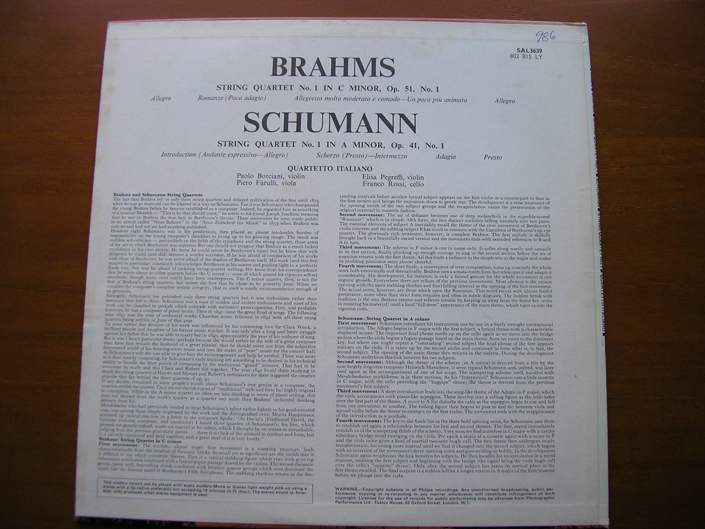 BRAHMS: STRING QUARTET No. 1 Op. 51 / SCHUMANN: STRING QUARTET No. 1  Op. 41      QUARTETTO ITALIANO    SAL 3639