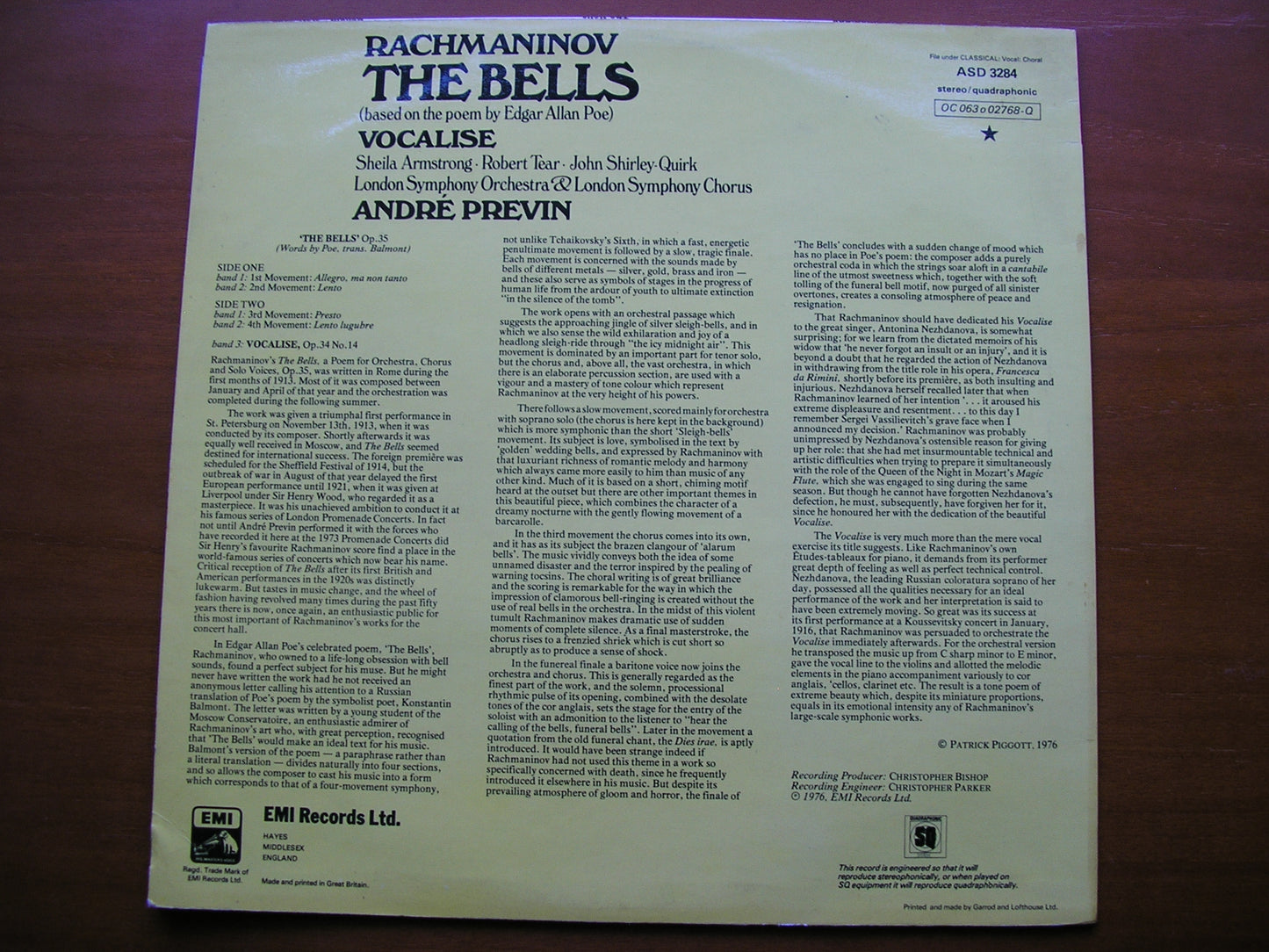 RACHMANINOV: THE BELLS / VOCALISE SOLOISTS / LONDON SYMPHONY / PREVIN ASD 3284