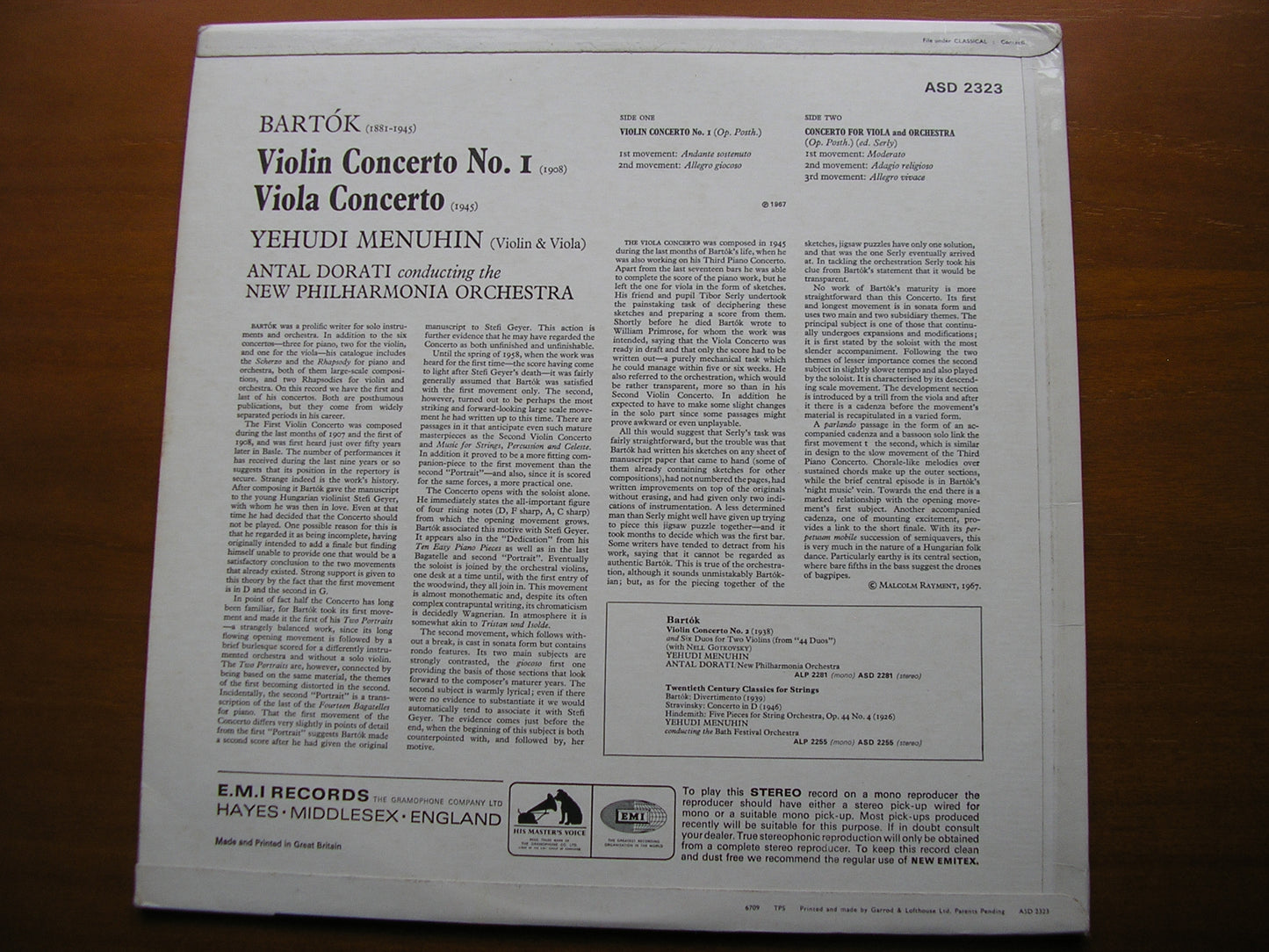 BARTOK: VIOLIN CONCERTO No. 1 / VIOLA CONCERTO     MENUHIN / NEW PHILHARMONIA / DORATI     ASD 2323