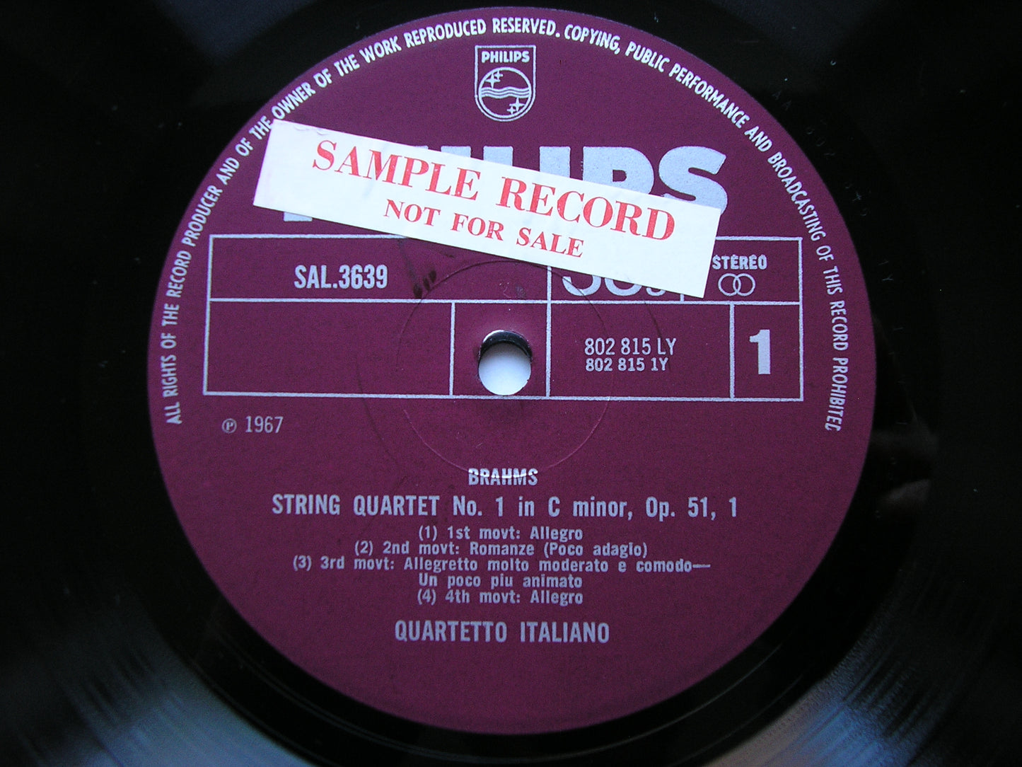 BRAHMS: STRING QUARTET No. 1 Op. 51 / SCHUMANN: STRING QUARTET No. 1  Op. 41      QUARTETTO ITALIANO    SAL 3639