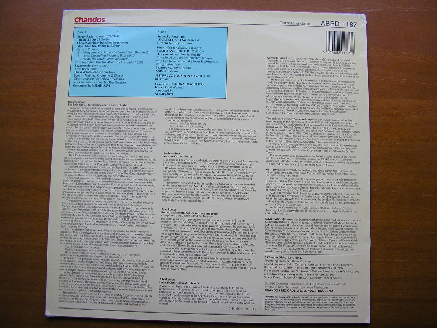 RACHMANINOV: THE BELLS / TCHAIKOVSKY: ROMEO & JULIET DUO / FESTIVAL CORONATION MARCH SOLOISTS / SNO / JARVI ABRD 1187
