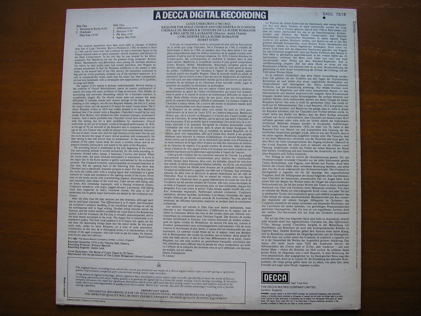 CHERUBINI: REQUIEM in D CHORALE DU BRASSUS / SUISSE ROMANDE / STEIN SXDL 7518