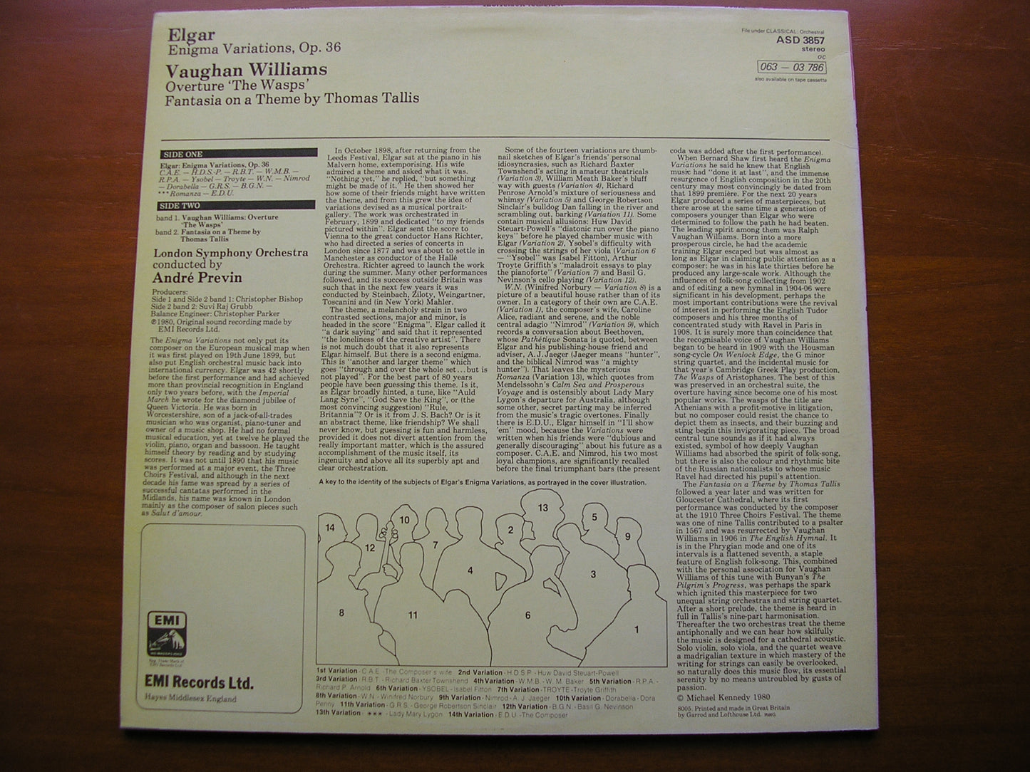 ELGAR: ENIGMA VARIATIONS / VAUGHAN WILLIAMS: TALLIS FANTASIA / THE WASPS PREVIN / LONDON SYMPHONY ASD 3857