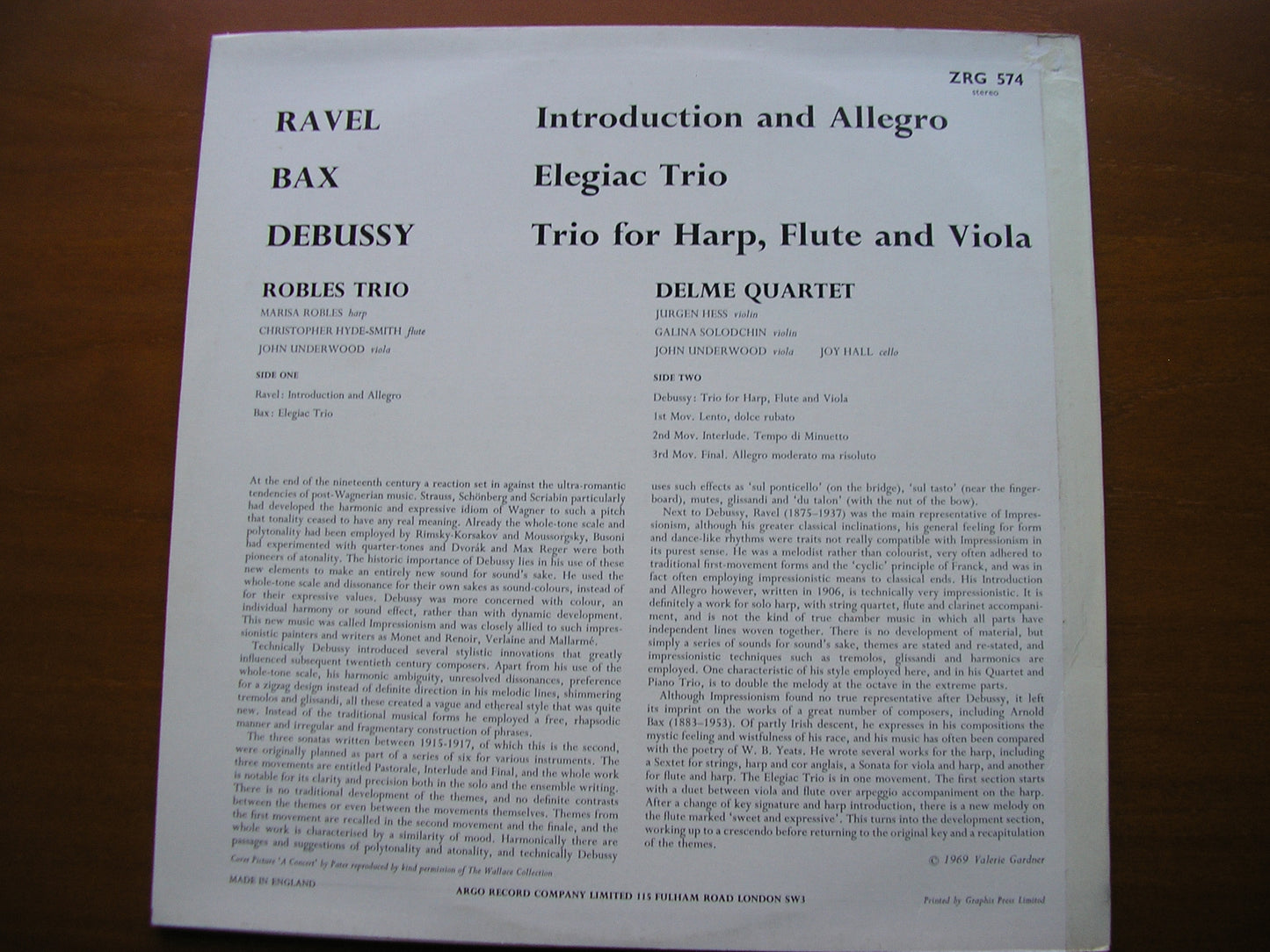 RAVEL: INTRODUCTION & ALLEGRO / BAX: ELEGAIC TRIO / DEBUSSY: TRIO ROBLES TRIO / DELME QUARTET ZRG 574