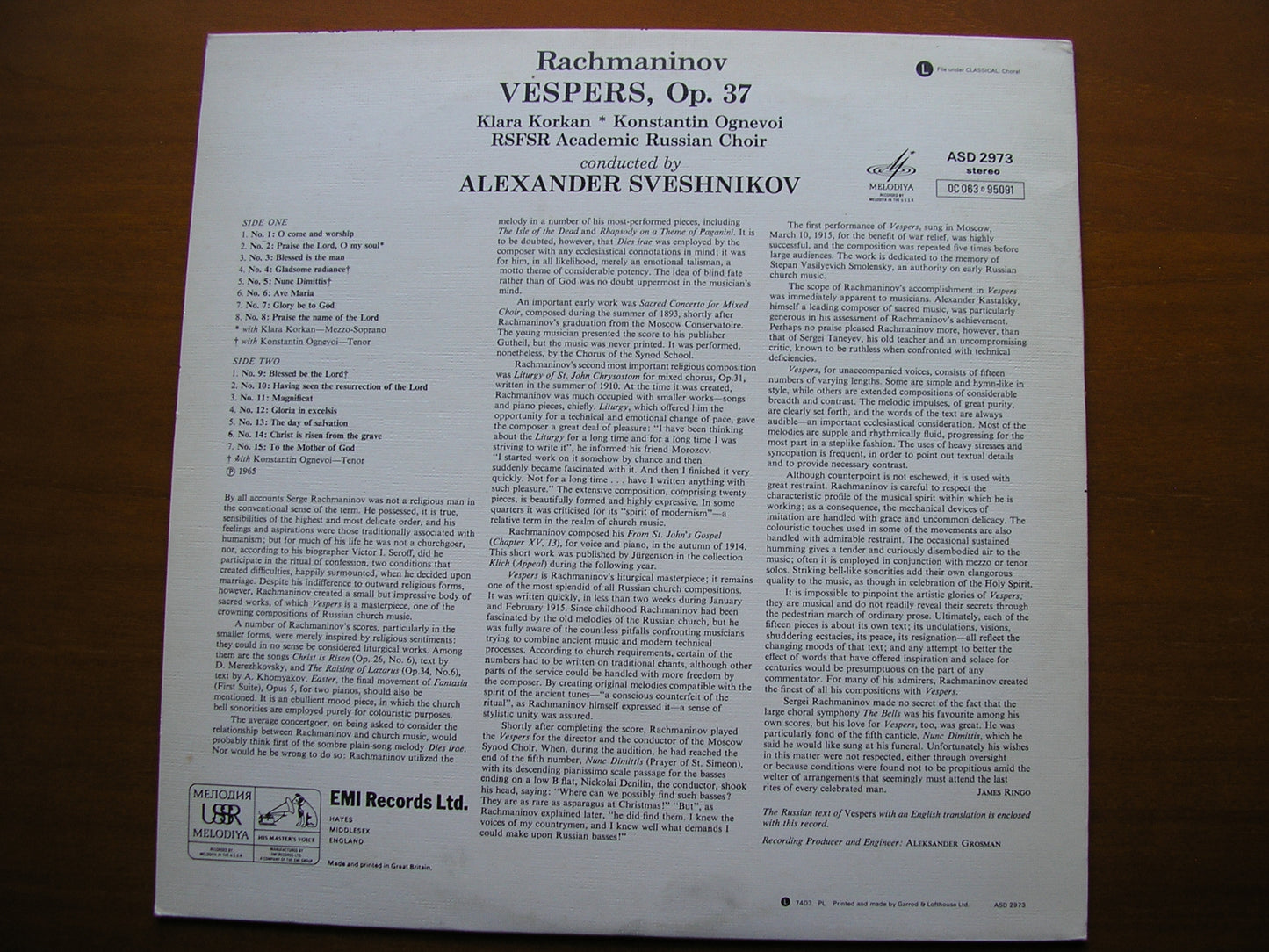 RACHMANINOV: VESPERS SOLOISTS / USSR CHORUS / SVESHNIKOV ASD 2973