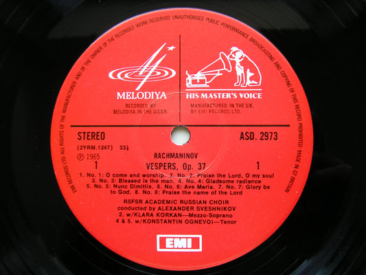 RACHMANINOV: VESPERS SOLOISTS / USSR CHORUS / SVESHNIKOV ASD 2973