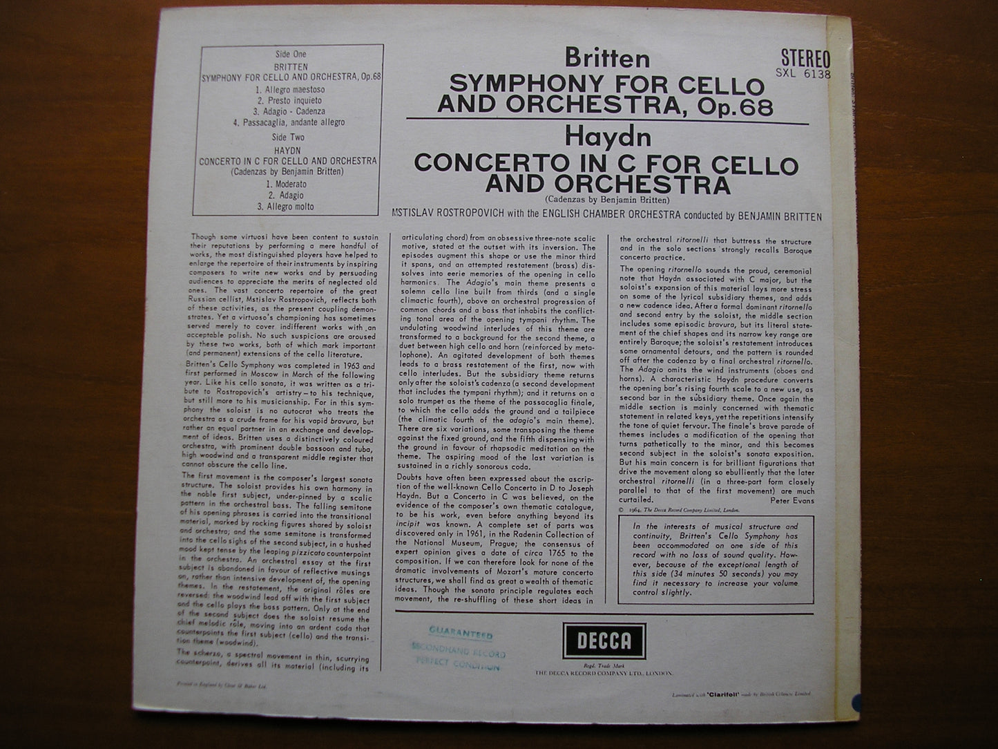 SXL 6138 BRITTEN: CELLO SYMPHONY / HAYDN: CELLO CONCERTO ROSTROPOVICH / ENGLISH CHAMBER ORCHESTRA / BRITTEN ED1