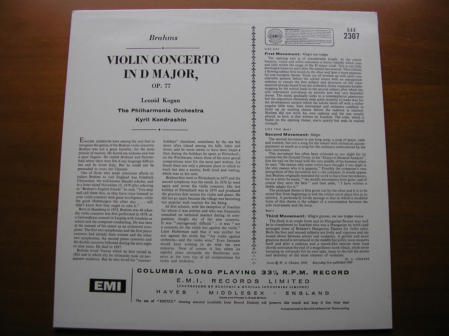 BRAHMS: VIOLIN CONCERTO     KOGAN / PHILHARMONIA / KONDRASHIN     SAX 2307