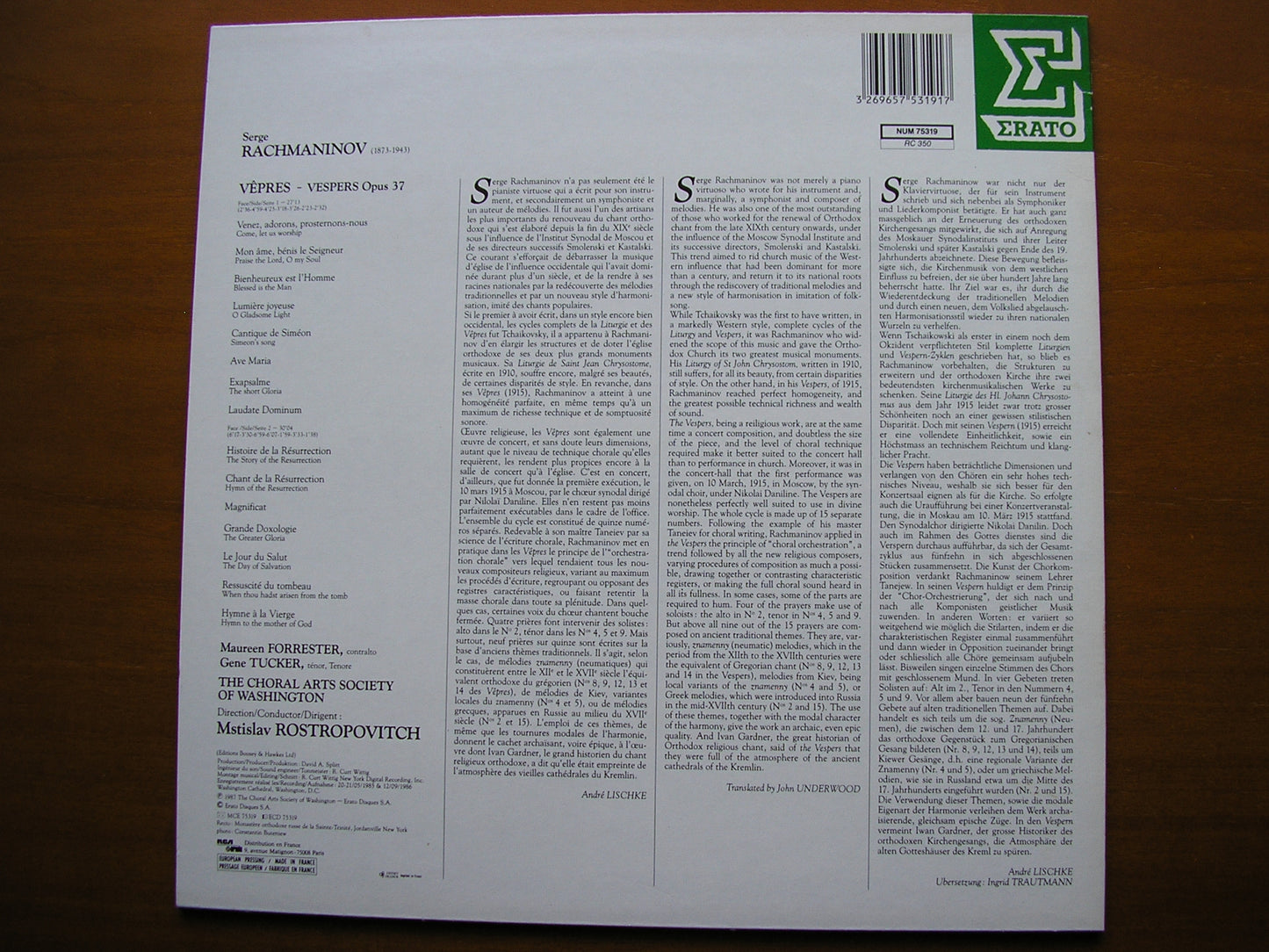 RACHMANINOV: VESPERS SOLOISTS / WASHINGTON CHOIR / POSTROPOVICH NUM 75319