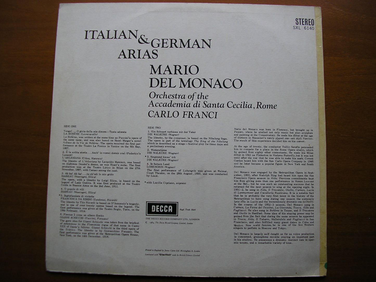 SXL 6140 MARIO DEL MONACO SINGS ITALIAN & GERMAN ARIAS FRANCI / ACCADEMIA DI SANTA CECILIA ED2