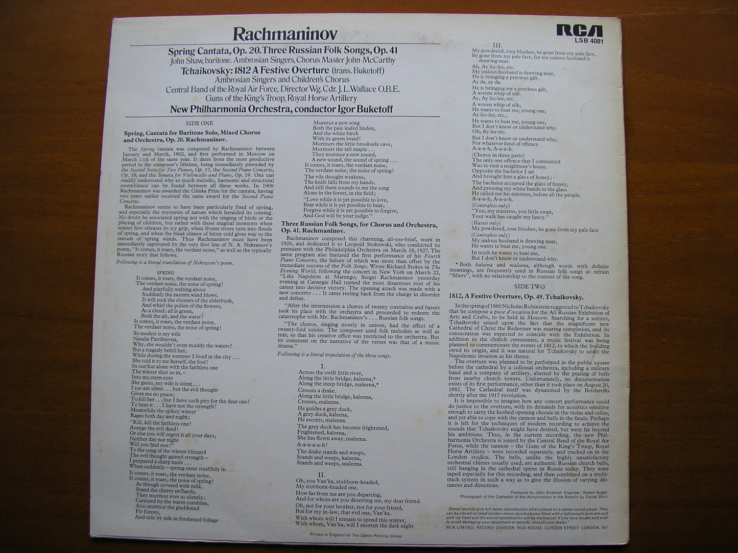 RACHMANINOV: SPRING CANTATA / THREE RUSSIAN SONGS / TCHAIKOVSKY: 1812 SHAW / NEW PHILHARMONIA / BUKETOFF LSB 4081 /