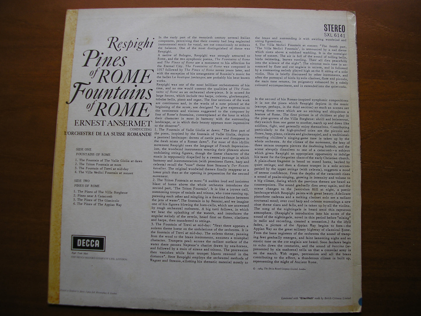 SXL 6141 RESPIGHI: PINES OF ROME / FOUNTAINS OF ROME ANSERMET / SUISSE ROMANDE ED1