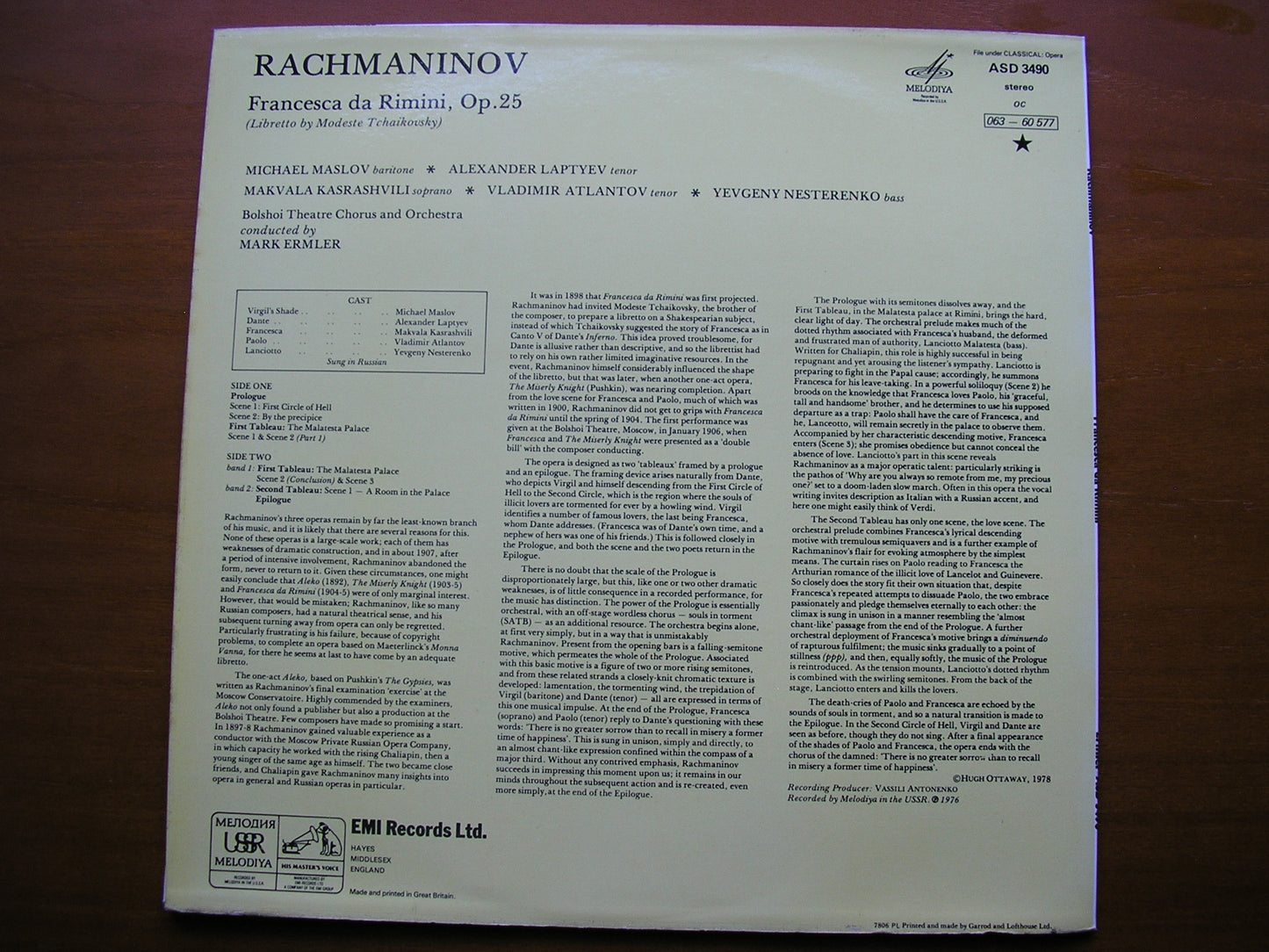 RACHMANINOV: FRANCESCA DA RIMINI SOLOISTS / BOLSHOI ORCHESTRA & CHORUS / ERMLER ASD 3490