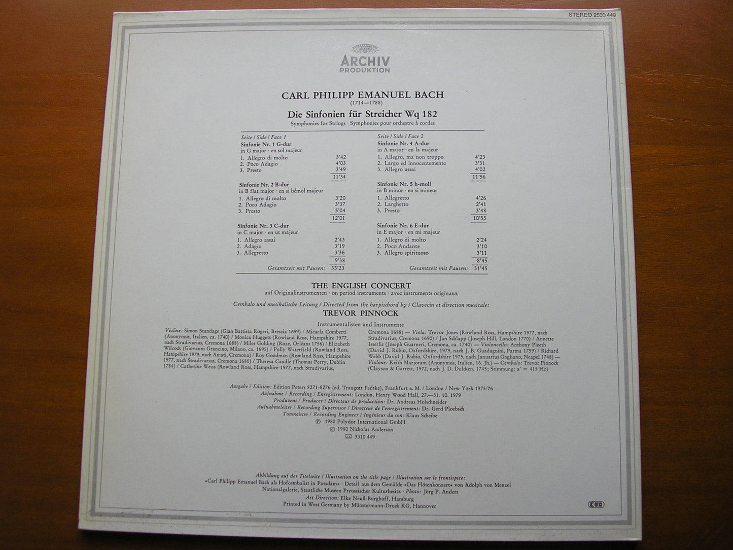 CPE BACH: SYMPHONIES FOR STRINGS        THE ENGLISH CONSORT / PINNOCK       2533 449