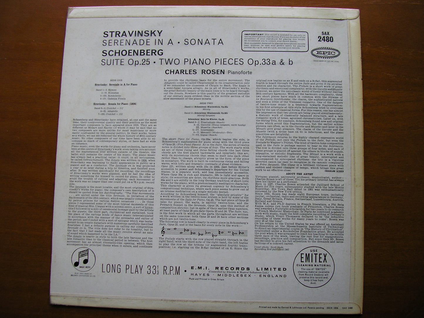 STRAVINSKY: PIANO SONATA / SERENADE / SCHOENBERG: SUITE FOR PIANO Op. 25 / PIANO PIECES Op. 33 CHARLES ROSEN SAX 2480
