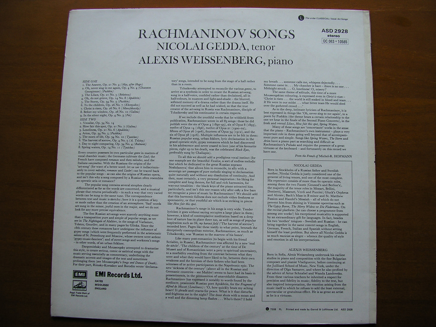 RACHMANINOV: SONGS NICOLAI GEDDA / ALEXIS WEISSENBERG ASD 2928