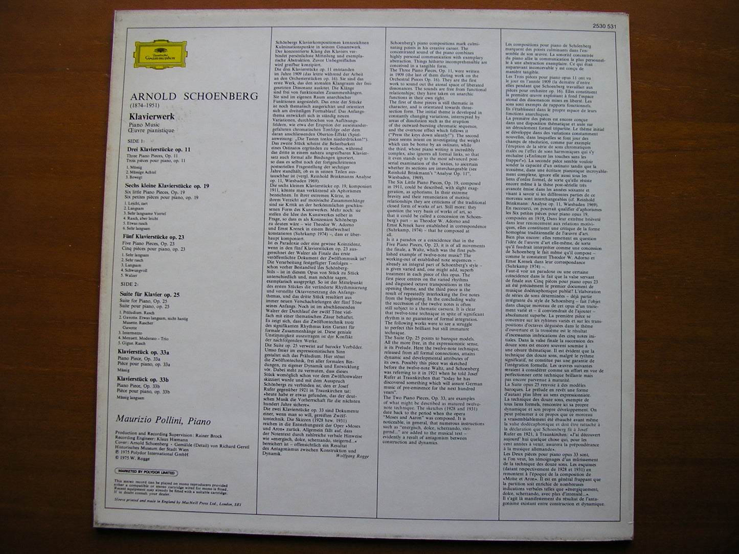 SCHOENBERG: PIANO MUSIC MAURIZIO POLLINI 2530 531